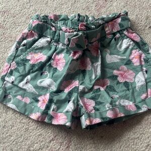 Janie and Jack Green Floral & Swan Print High-Waist Paperbag Shorts